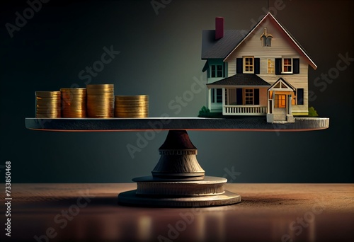 Dollar coin vs house on scale. Real estate trading concept, pricing benchmark, future home price check, investment, and real estate business profit. 3D illustration. Generative AI