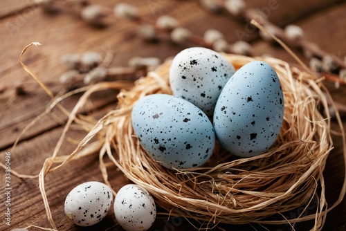 Easter concept, colored eggs in nest with willow