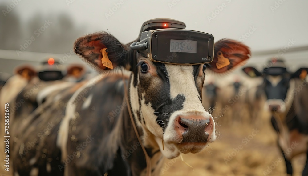 Precision Livestock Farming, precision livestock farming with an image showing farmers using wearable sensors and monitoring devices to track animal health, behavior, AI  - obrazy, fototapety, plakaty 