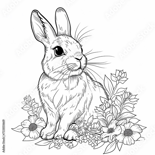 Rabbit with flowers. Coloring page. Black and white illustration for coloring book.