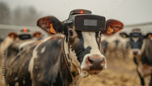 Precision Livestock Farming, precision livestock farming with an image showing farmers using wearable sensors and monitoring devices to track animal health, behavior, AI 