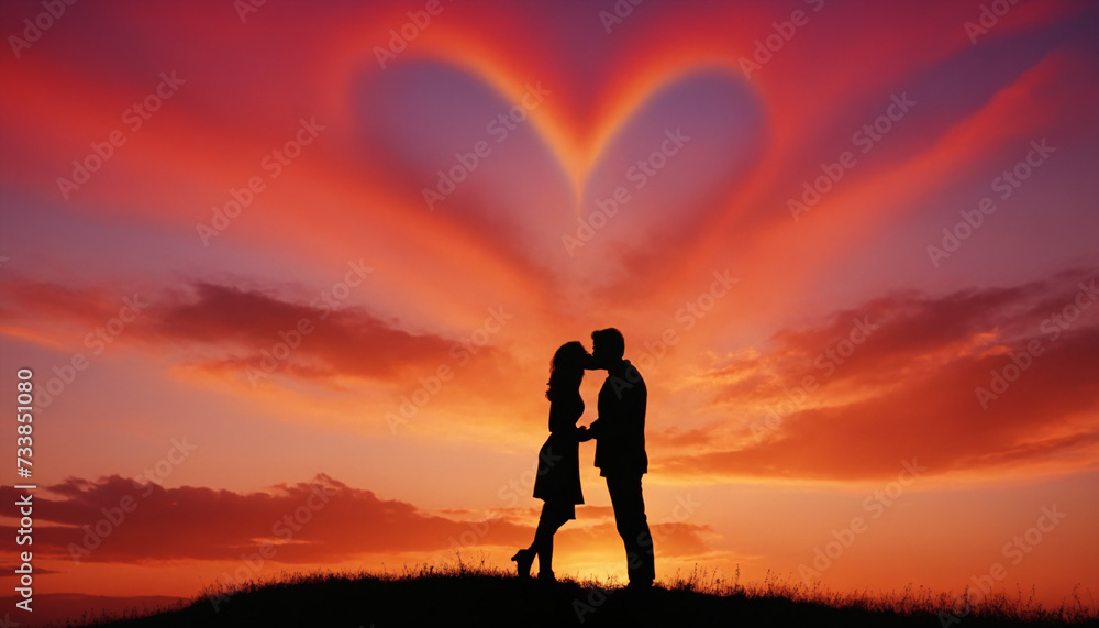 Obraz premium silhouette of a couple kissing on the background of a heart