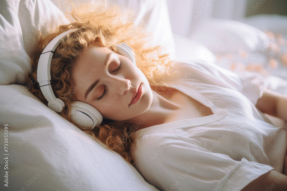 Young woman sleeping in a white bed wearing headphones. Is sleeping
