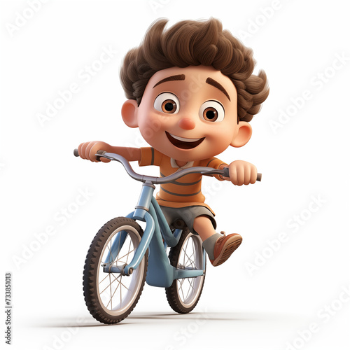 Animated real little boy riding a bicycle, isolated on white background