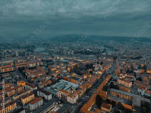 Aerial Photography of Verona city. Urban skyline, historical city centre, red tiled roofs, Veneto Region, Italy