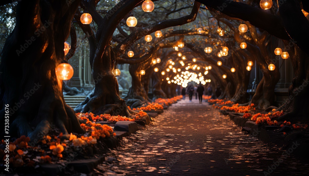 Golden fairy lights hanging from trees on a street during night walk. Pebble street surrounded by trees and hanging lamps. Golden light shining the way Golden fairy lights hanging from trees on a street during night walk. Pebble street surrounded by trees and hanging lamps. Golden light shining the way