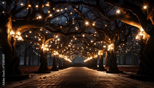 Golden fairy lights hanging from trees on a street during night walk. Pebble street surrounded by trees and hanging lamps. Golden light shining the way