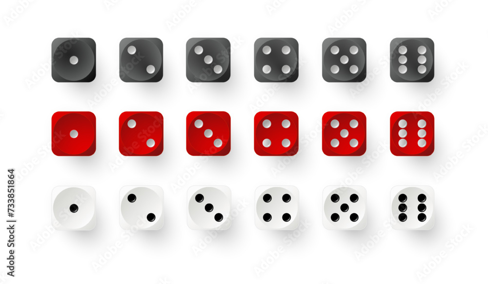 Dice game with red white and black cubes. Realistic gambling objects to play in casino, dice from one to six dots. Vector Dice game with red white and black cubes. Realistic gambling objects to play in casino, dice from one to six dots. Vector