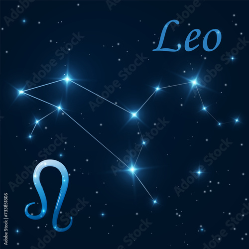 Leo constellation with stars, zodiac sign on starry sky. Astronomy, astrology, horoscope. Science banner. Cosmos, outer space. Fifth zodiac sign - the ruler planet Sun. Vector illustration