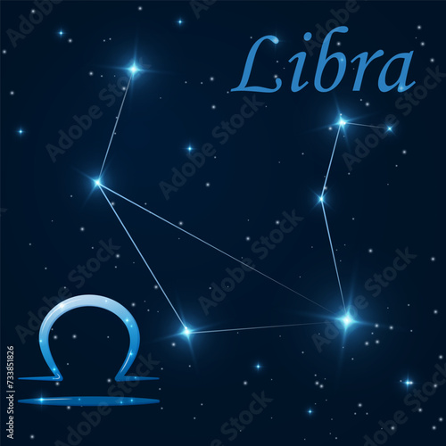 Libra constellation with stars, zodiac sign on starry sky. Astronomy, astrology, horoscope. Science banner. Cosmos, outer space. Seventh zodiac sign - the ruler planet Venus. Vector illustration