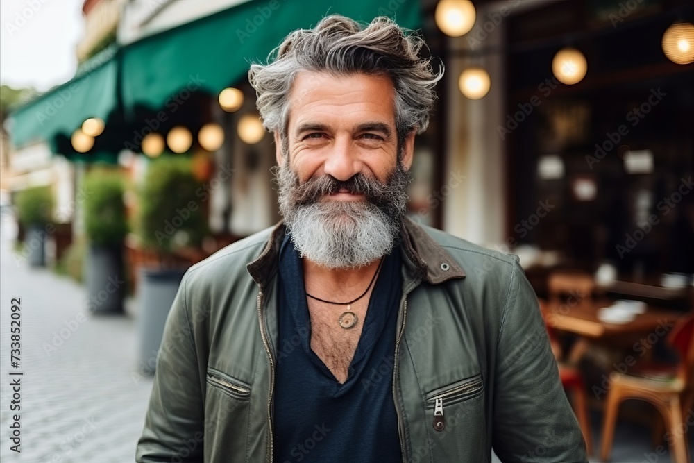 Portrait of a handsome middle-aged man with long gray beard and mustache looking at the camera while standing in a street cafe Portrait of a handsome middle-aged man with long gray beard and mustache looking at the camera while standing in a street cafe