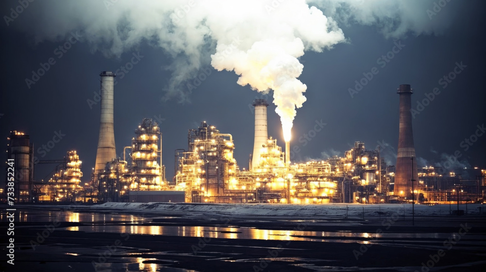 refinery at night with smoke coming out of the chimneys created with Generative AI technology