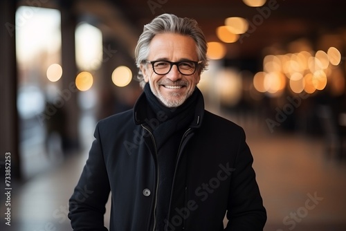 Portrait of a handsome senior man in black coat and eyeglasses