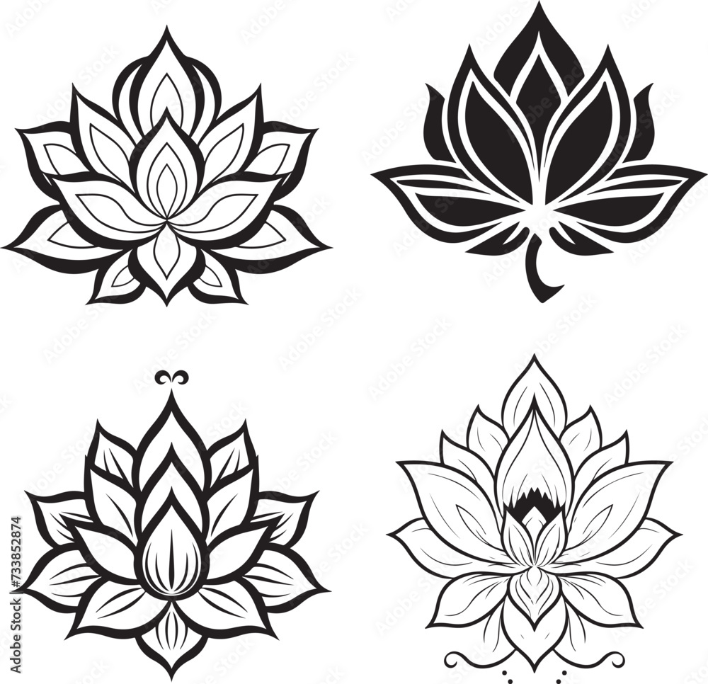 Lotus flowers linear icons vector set