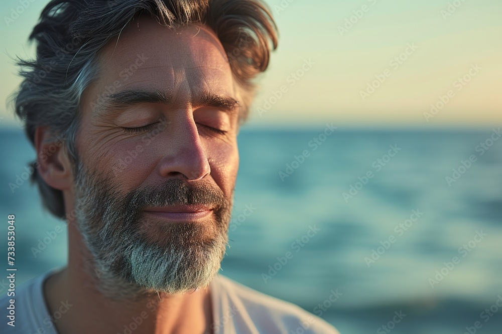 Close-Up Image of a Middle-Aged Man Engaged in Serene Meditation, Deeply Inhaling with Closed Eyes, Ocean Waves Behind Close-Up Image of a Middle-Aged Man Engaged in Serene Meditation, Deeply Inhaling with Closed Eyes, Ocean Waves Behind