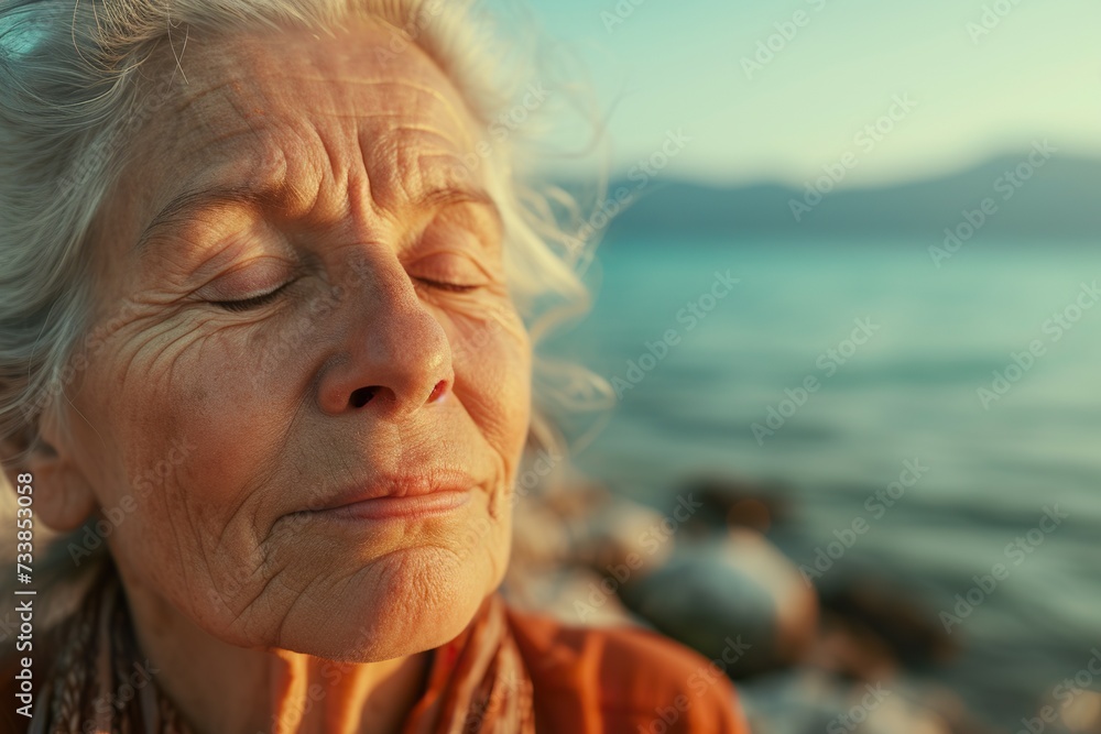 Mindful Reflection: Close-Up of a Mature Woman Deep in Meditation, Eyes Closed, Against the Serene Backdrop of the Ocean Mindful Reflection: Close-Up of a Mature Woman Deep in Meditation, Eyes Closed, Against the Serene Backdrop of the Ocean