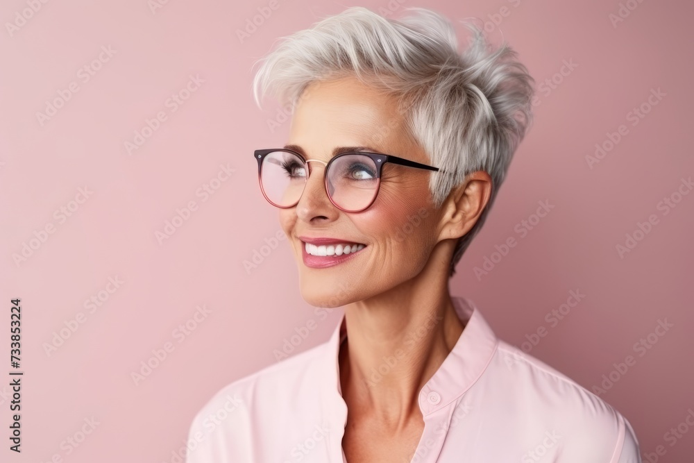 Portrait of happy senior woman in eyeglasses over pink background