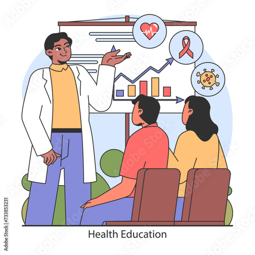 Health Education concept. Expert sharing knowledge on vital health issues with attentive listeners. Interactive learning and informed decision-making in healthcare. Flat vector illustration.