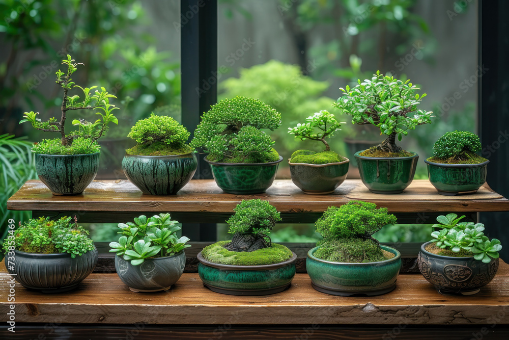 A Collection of Bonsai Plants on a Shelf A Collection of Bonsai Plants on a Shelf