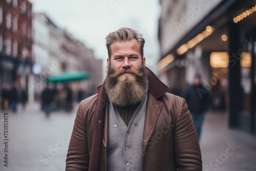 Bearded man, long beard, brutal caucasian hipster with moustache in brown coat on city street
