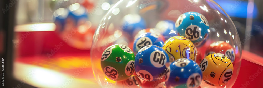 Lottery drawing: A close-up of lottery balls tumbling in a transparent machine, suspense and unpredictability of the draw.