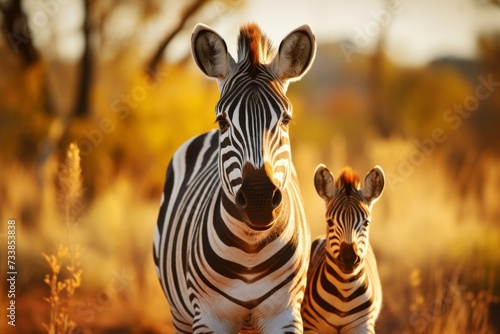 Zebras family roaming in colorful safari landscape © chelmicky