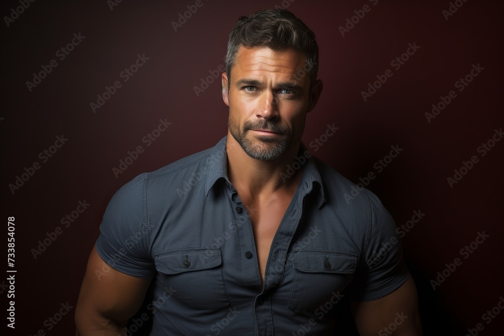 Portrait of a handsome man in a blue shirt. Men's beauty, fashion.