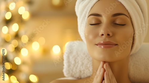 Serene woman enjoying a spa day  hands together in gratitude. warm tones  soft lights for relaxation. ideal for wellness content. AI