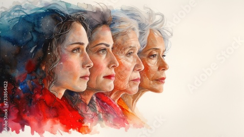 Watercolor illustration depicting the aging process of a woman with a colorful transition from youth to old age in profile