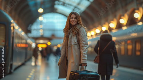 Cheerful young woman with luggage at the train station.