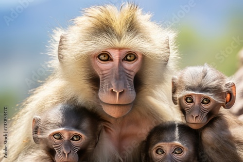 African baboon family amidst breathtaking safari backdrop. Wild life © chelmicky