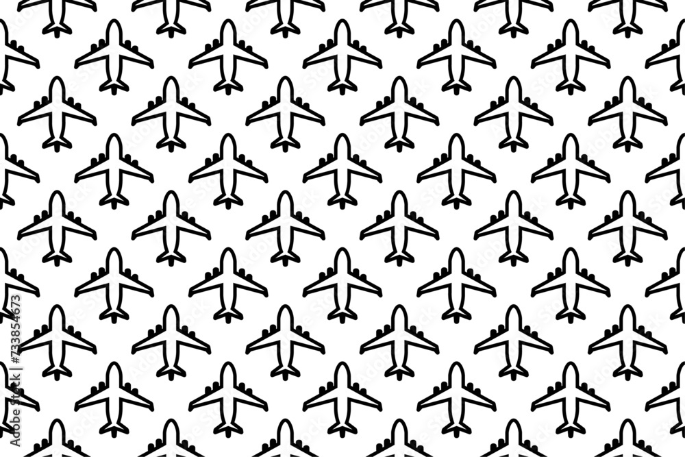 Seamless pattern completely filled with outlines of airplane symbols. Elements are evenly spaced. Vector illustration on white background