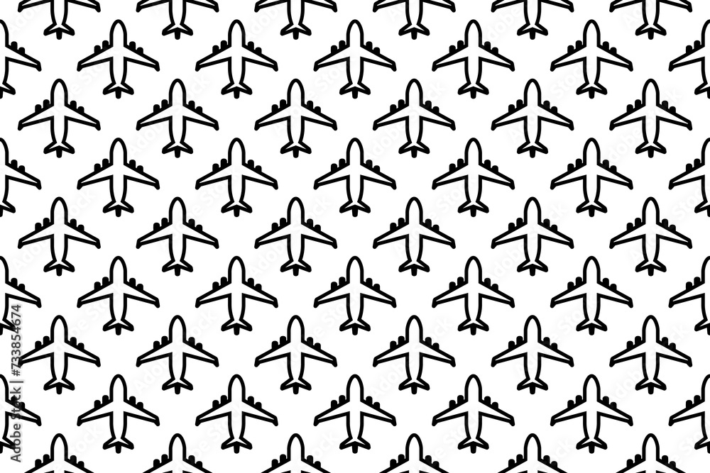 Seamless pattern completely filled with outlines of airplane symbols. Elements are evenly spaced. Illustration on transparent background