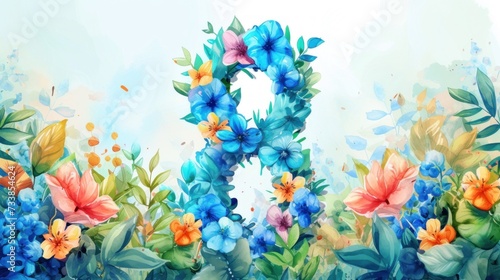 Watercolor painting of the number eight  beautifully crafted with an array of blue and pink tropical flowers and lush greenery. Women s Day greeting card