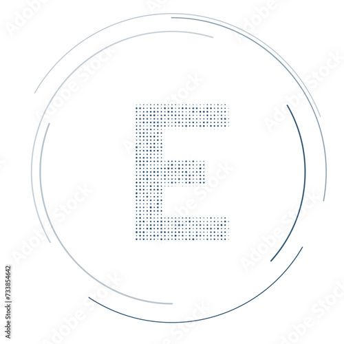 The capital letter E symbol filled with dark blue dots. Pointillism style. Vector illustration on white background