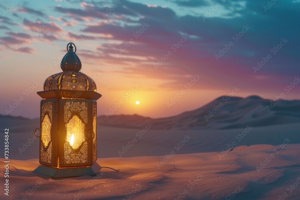 Illuminated golden oriental lantern lying on the sand in the desert dunes at sunset Illuminated golden oriental lantern lying on the sand in the desert dunes at sunset