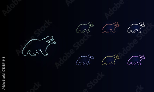 A set of neon raccoon symbols. Set of different color symbols, faint neon glow. Vector illustration on black background