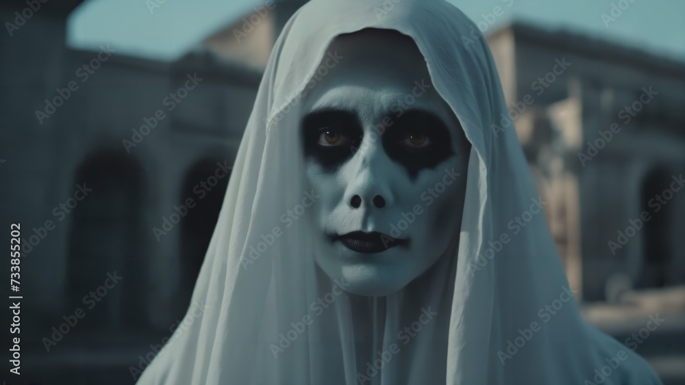 portrait of a person in a white robe with a black face and a white veil , horror theme portrait of a person in a white robe with a black face and a white veil , horror theme