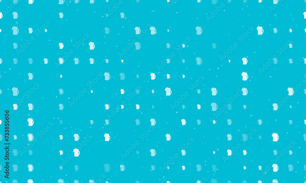 Seamless background pattern of evenly spaced white mug beer symbols of different sizes and opacity. Vector illustration on cyan background with stars Seamless background pattern of evenly spaced white mug beer symbols of different sizes and opacity. Vector illustration on cyan background with stars