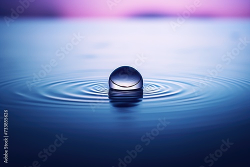 Large drop of liquid water, oil, rain on gradient blue and purple background. Water drop falling on water surface closeup. Toner, emulsion or lotion. Hyaluronic serum. Cosmetic moisturizing concept photo