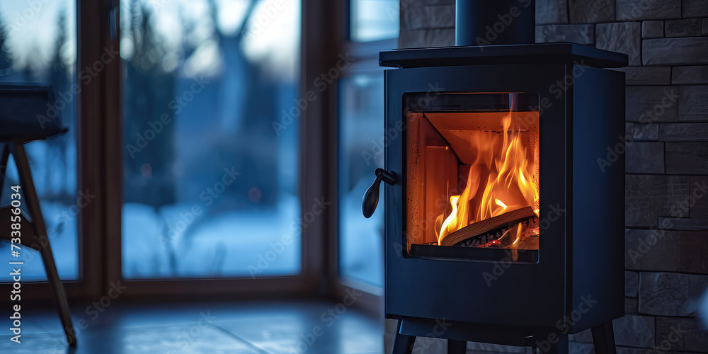 Cozy Indoor Bioethanol Fireplace. Modern bioethanol fireplace in a minimalist room at dusk. - obrazy, fototapety, plakaty 