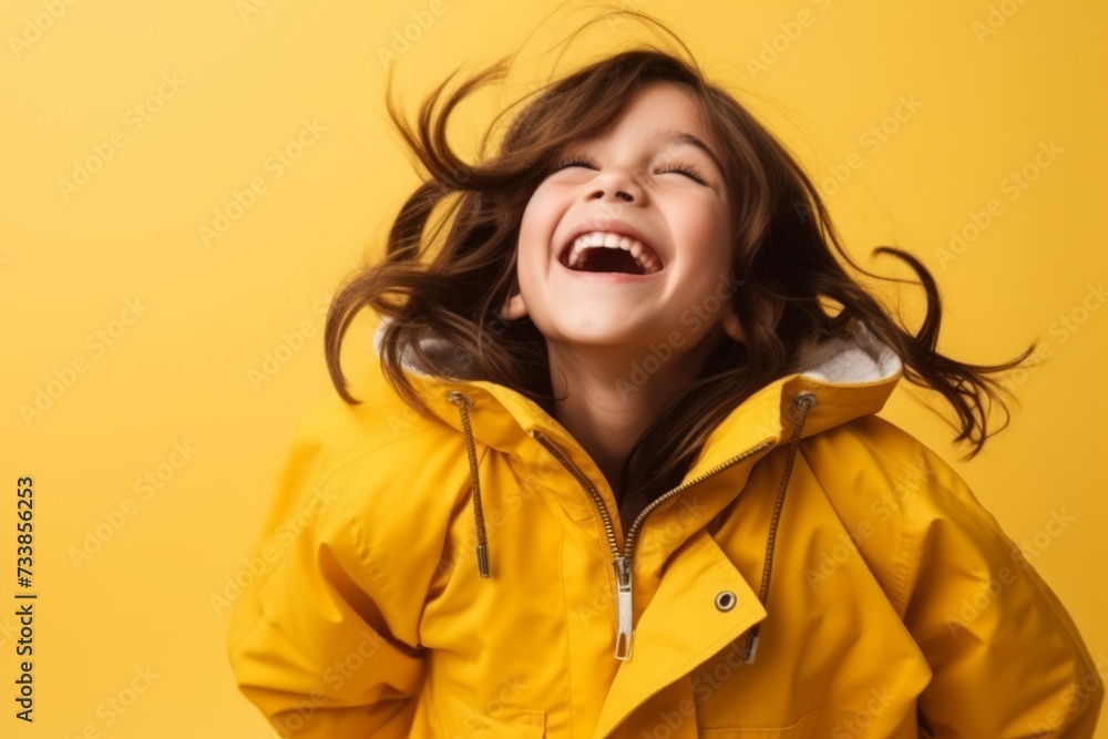 Portrait of a happy little girl in a yellow raincoat on a yellow background Portrait of a happy little girl in a yellow raincoat on a yellow background