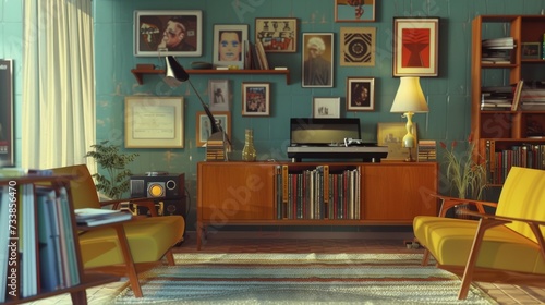 Retro Furnished Living Room with Vinyl Record Collection AI Generated. © ArquitecAi