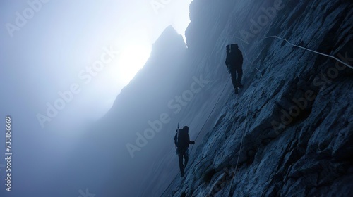 Hikers and mountaineers, hand in hand, helping each other photo