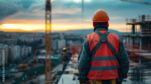 Sundown snapshot of a construction worker's back side draped in a safety uniform and space, Generative AI.