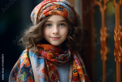 Portrait of a beautiful little girl in a colorful scarf and hat.