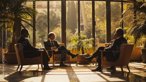 Business men having meeting in a beautiful room with large windows and plants photo