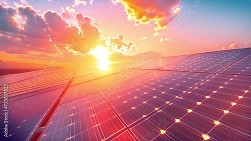 Ecology solar power station panels in the fields green energy at sunset landscape electrical innovation nature environment slow motion. Rooftop solar panels green renewable energy ariel view 4k video photo