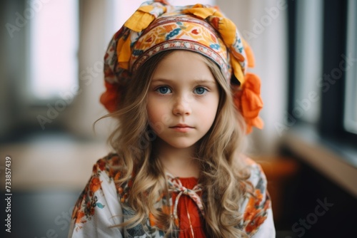 Portrait of a cute little girl in a headscarf.