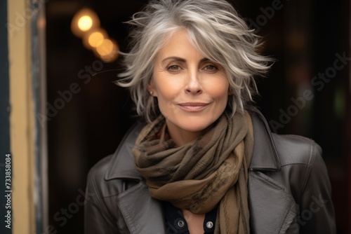 Portrait of a beautiful middle-aged woman with short gray hair and a scarf.